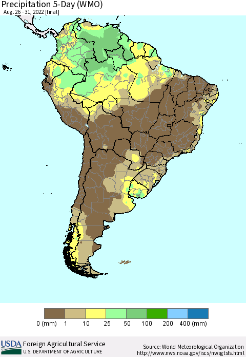 South America Precipitation 5-Day (WMO) Thematic Map For 8/26/2022 - 8/31/2022