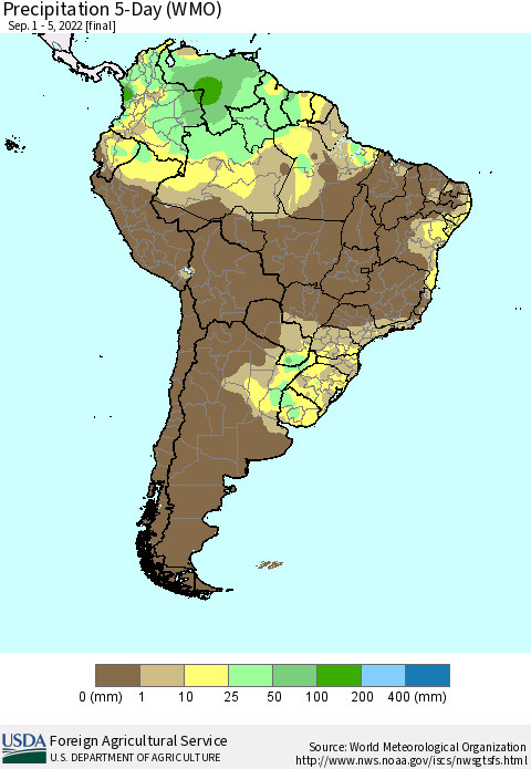 South America Precipitation 5-Day (WMO) Thematic Map For 9/1/2022 - 9/5/2022