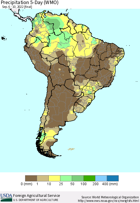 South America Precipitation 5-Day (WMO) Thematic Map For 9/6/2022 - 9/10/2022