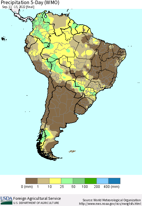 South America Precipitation 5-Day (WMO) Thematic Map For 9/11/2022 - 9/15/2022