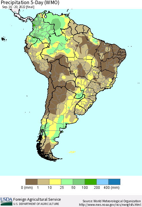 South America Precipitation 5-Day (WMO) Thematic Map For 9/16/2022 - 9/20/2022