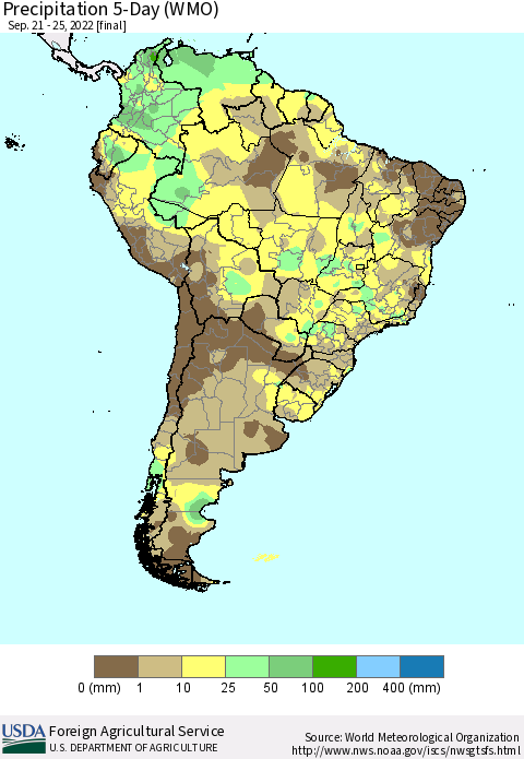 South America Precipitation 5-Day (WMO) Thematic Map For 9/21/2022 - 9/25/2022