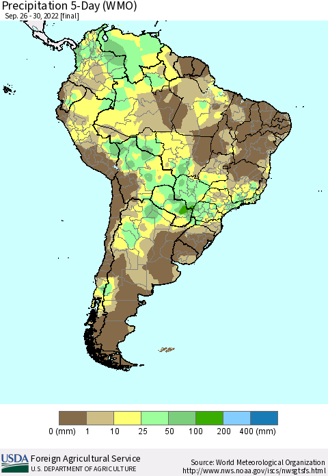 South America Precipitation 5-Day (WMO) Thematic Map For 9/26/2022 - 9/30/2022