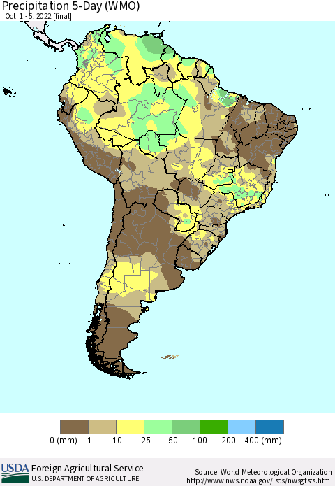 South America Precipitation 5-Day (WMO) Thematic Map For 10/1/2022 - 10/5/2022