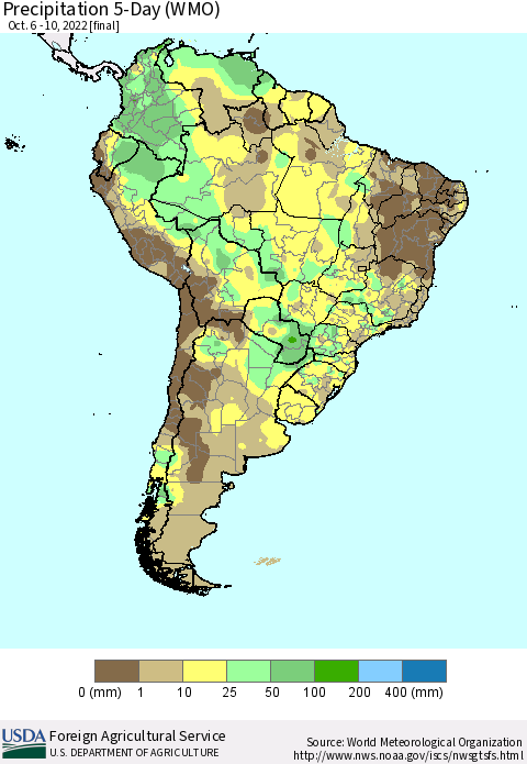 South America Precipitation 5-Day (WMO) Thematic Map For 10/6/2022 - 10/10/2022