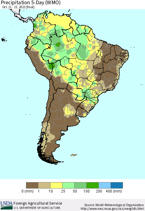 South America Precipitation 5-Day (WMO) Thematic Map For 10/11/2022 - 10/15/2022