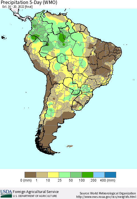 South America Precipitation 5-Day (WMO) Thematic Map For 10/16/2022 - 10/20/2022