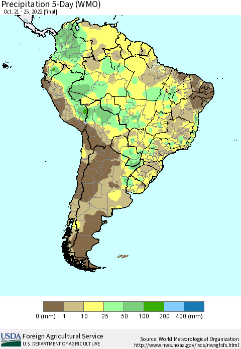 South America Precipitation 5-Day (WMO) Thematic Map For 10/21/2022 - 10/25/2022
