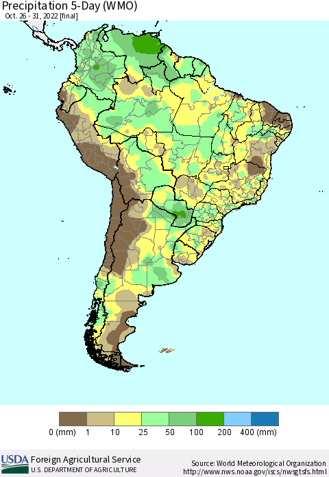 South America Precipitation 5-Day (WMO) Thematic Map For 10/26/2022 - 10/31/2022
