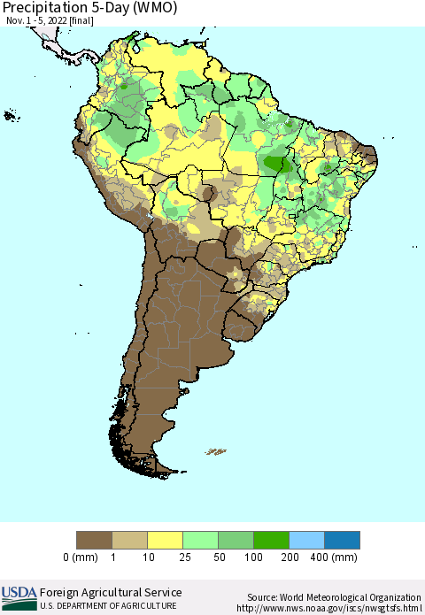 South America Precipitation 5-Day (WMO) Thematic Map For 11/1/2022 - 11/5/2022