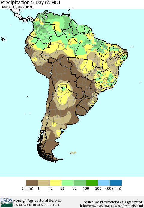 South America Precipitation 5-Day (WMO) Thematic Map For 11/6/2022 - 11/10/2022
