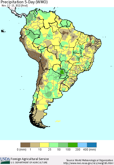 South America Precipitation 5-Day (WMO) Thematic Map For 11/11/2022 - 11/15/2022