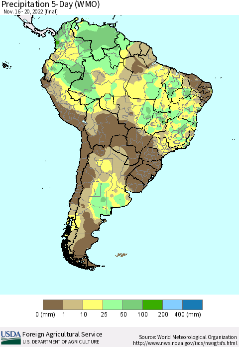 South America Precipitation 5-Day (WMO) Thematic Map For 11/16/2022 - 11/20/2022