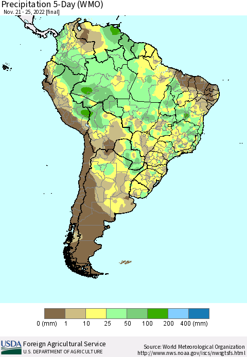 South America Precipitation 5-Day (WMO) Thematic Map For 11/21/2022 - 11/25/2022