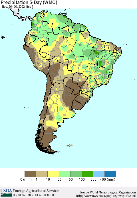 South America Precipitation 5-Day (WMO) Thematic Map For 11/26/2022 - 11/30/2022