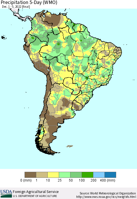 South America Precipitation 5-Day (WMO) Thematic Map For 12/1/2022 - 12/5/2022