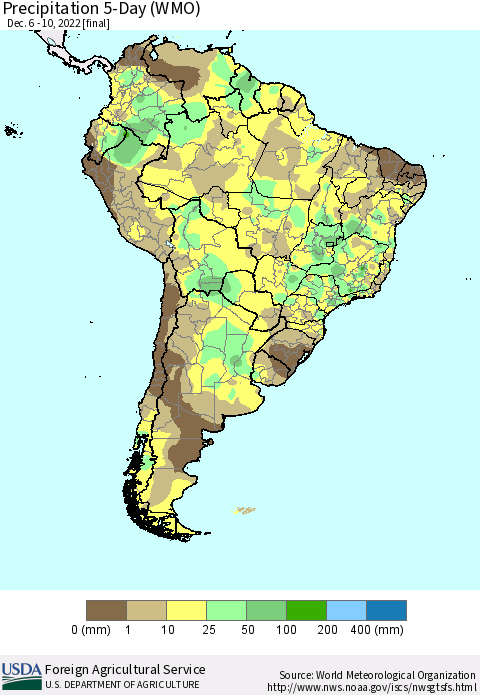 South America Precipitation 5-Day (WMO) Thematic Map For 12/6/2022 - 12/10/2022