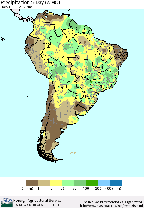 South America Precipitation 5-Day (WMO) Thematic Map For 12/11/2022 - 12/15/2022