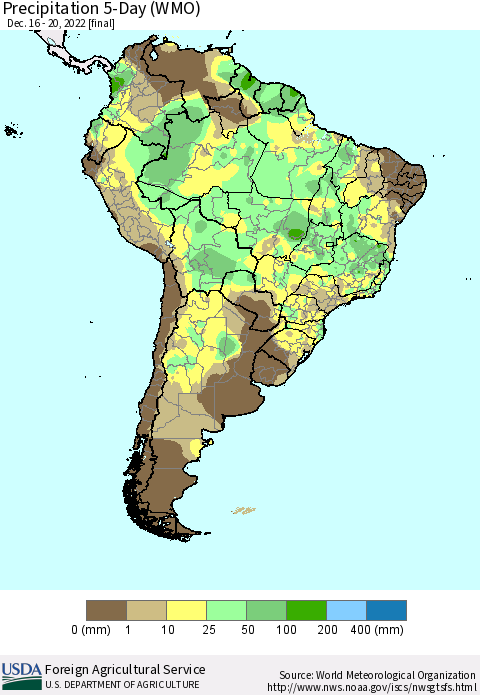 South America Precipitation 5-Day (WMO) Thematic Map For 12/16/2022 - 12/20/2022