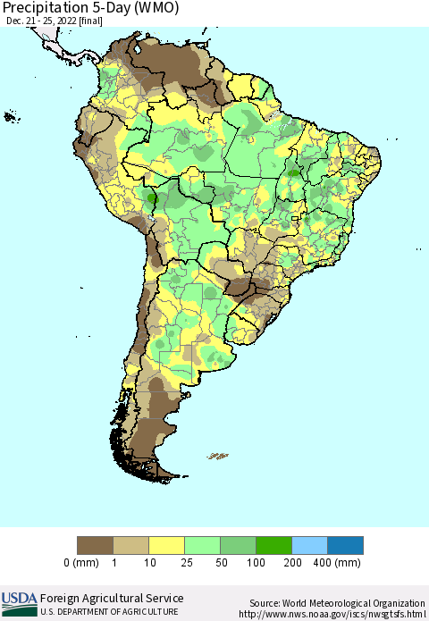 South America Precipitation 5-Day (WMO) Thematic Map For 12/21/2022 - 12/25/2022