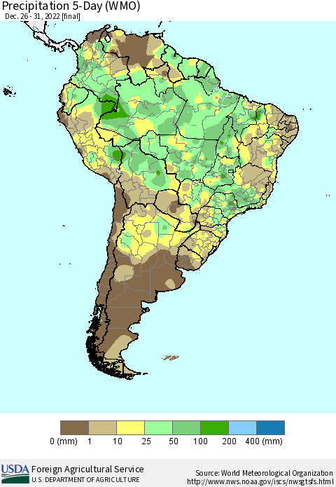 South America Precipitation 5-Day (WMO) Thematic Map For 12/26/2022 - 12/31/2022