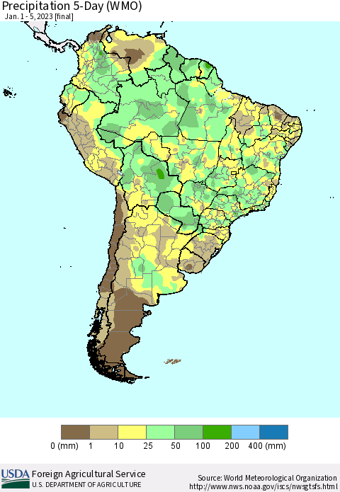 South America Precipitation 5-Day (WMO) Thematic Map For 1/1/2023 - 1/5/2023