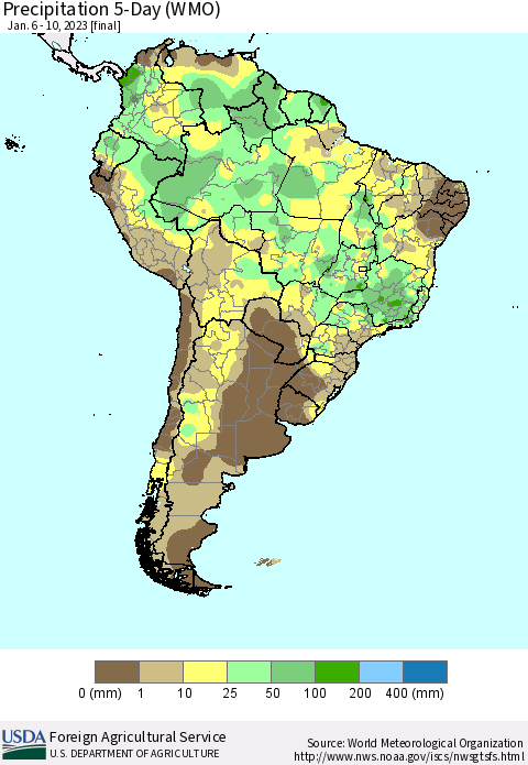 South America Precipitation 5-Day (WMO) Thematic Map For 1/6/2023 - 1/10/2023