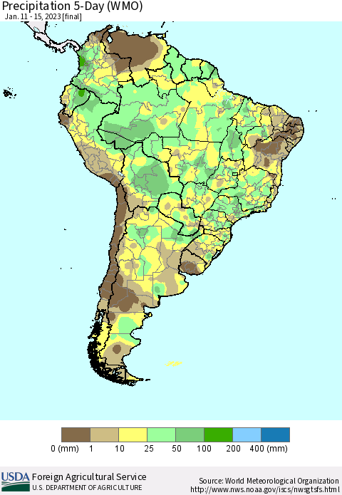 South America Precipitation 5-Day (WMO) Thematic Map For 1/11/2023 - 1/15/2023