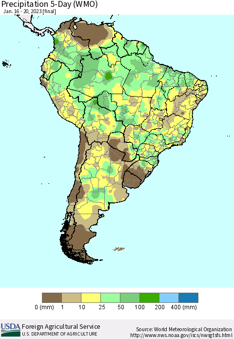 South America Precipitation 5-Day (WMO) Thematic Map For 1/16/2023 - 1/20/2023