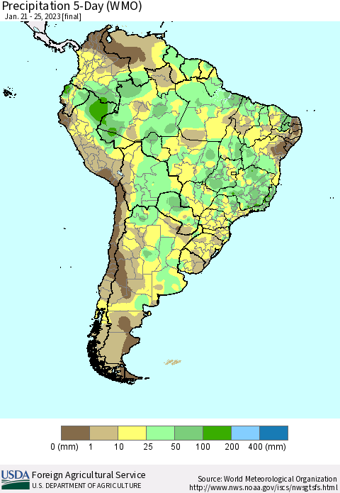 South America Precipitation 5-Day (WMO) Thematic Map For 1/21/2023 - 1/25/2023
