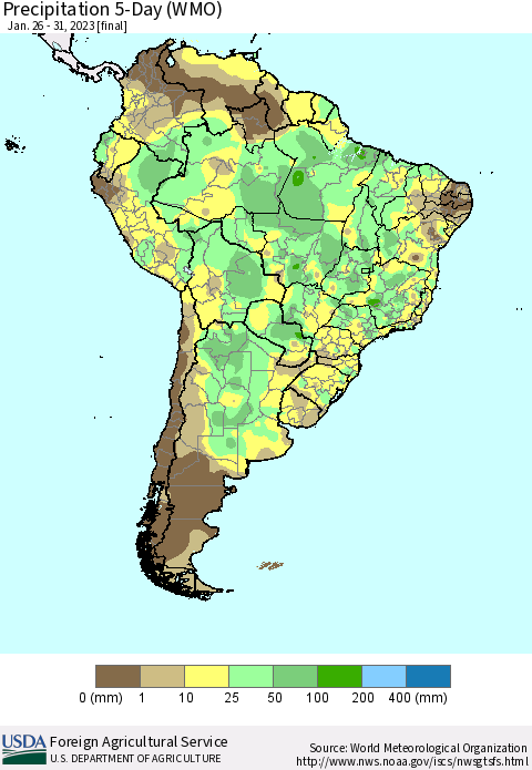 South America Precipitation 5-Day (WMO) Thematic Map For 1/26/2023 - 1/31/2023