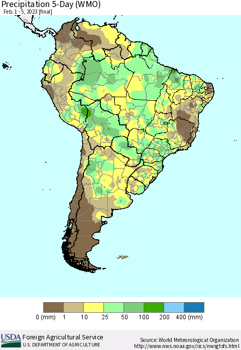 South America Precipitation 5-Day (WMO) Thematic Map For 2/1/2023 - 2/5/2023