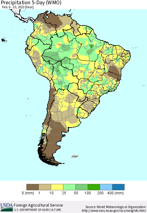 South America Precipitation 5-Day (WMO) Thematic Map For 2/6/2023 - 2/10/2023