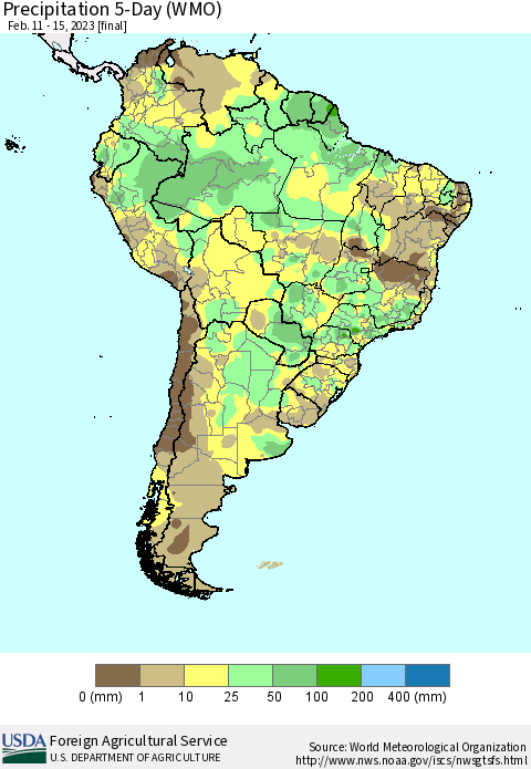 South America Precipitation 5-Day (WMO) Thematic Map For 2/11/2023 - 2/15/2023