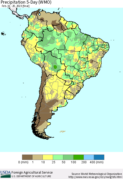 South America Precipitation 5-Day (WMO) Thematic Map For 2/16/2023 - 2/20/2023
