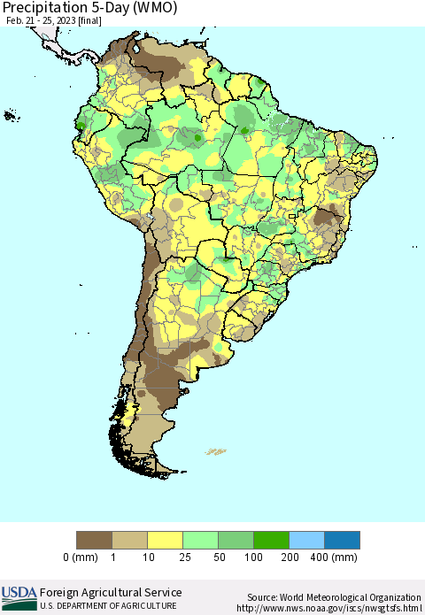 South America Precipitation 5-Day (WMO) Thematic Map For 2/21/2023 - 2/25/2023