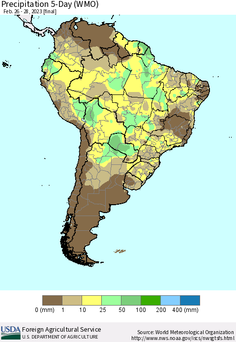 South America Precipitation 5-Day (WMO) Thematic Map For 2/26/2023 - 2/28/2023