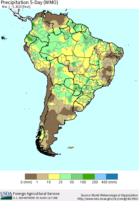 South America Precipitation 5-Day (WMO) Thematic Map For 3/1/2023 - 3/5/2023