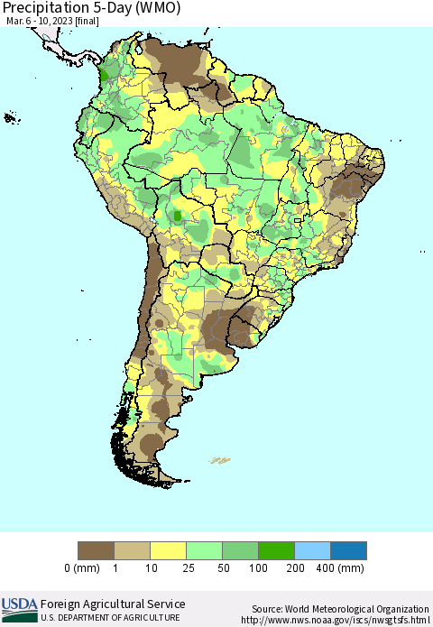 South America Precipitation 5-Day (WMO) Thematic Map For 3/6/2023 - 3/10/2023