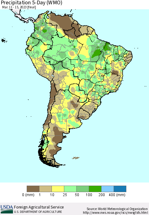South America Precipitation 5-Day (WMO) Thematic Map For 3/11/2023 - 3/15/2023