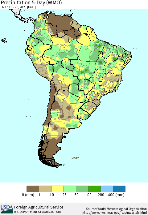South America Precipitation 5-Day (WMO) Thematic Map For 3/16/2023 - 3/20/2023