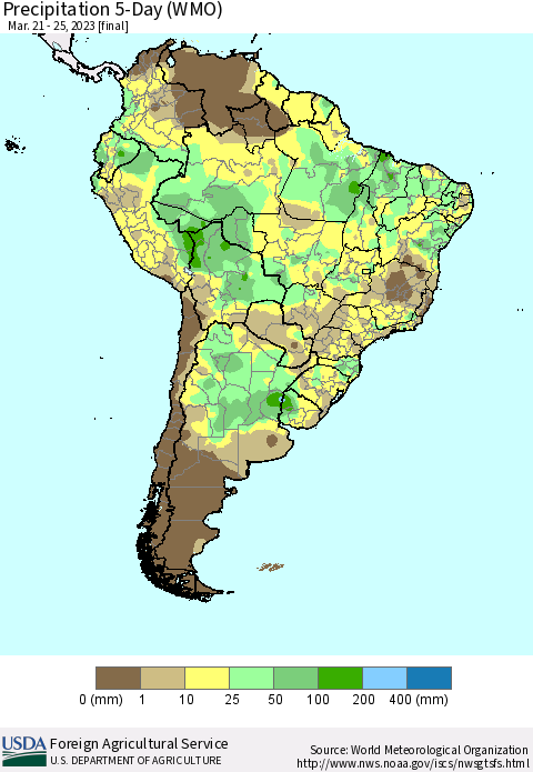 South America Precipitation 5-Day (WMO) Thematic Map For 3/21/2023 - 3/25/2023