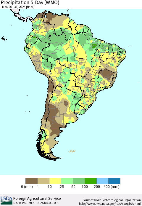 South America Precipitation 5-Day (WMO) Thematic Map For 3/26/2023 - 3/31/2023