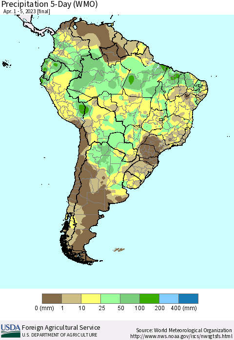 South America Precipitation 5-Day (WMO) Thematic Map For 4/1/2023 - 4/5/2023
