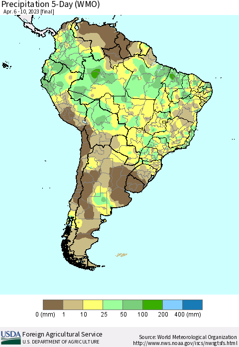 South America Precipitation 5-Day (WMO) Thematic Map For 4/6/2023 - 4/10/2023