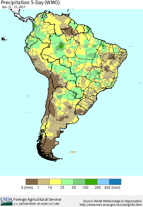 South America Precipitation 5-Day (WMO) Thematic Map For 4/11/2023 - 4/15/2023