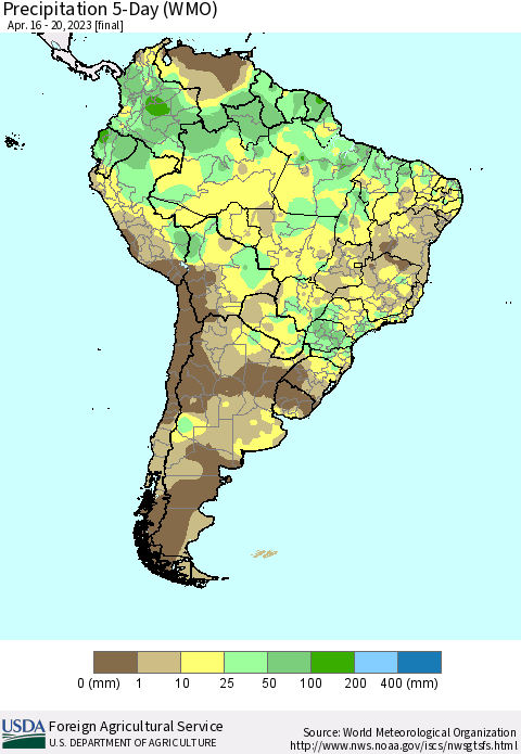 South America Precipitation 5-Day (WMO) Thematic Map For 4/16/2023 - 4/20/2023