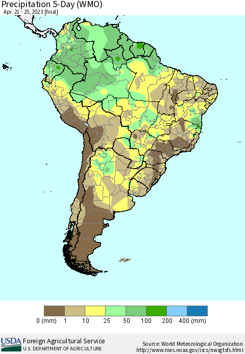 South America Precipitation 5-Day (WMO) Thematic Map For 4/21/2023 - 4/25/2023