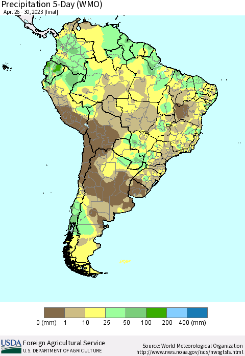 South America Precipitation 5-Day (WMO) Thematic Map For 4/26/2023 - 4/30/2023