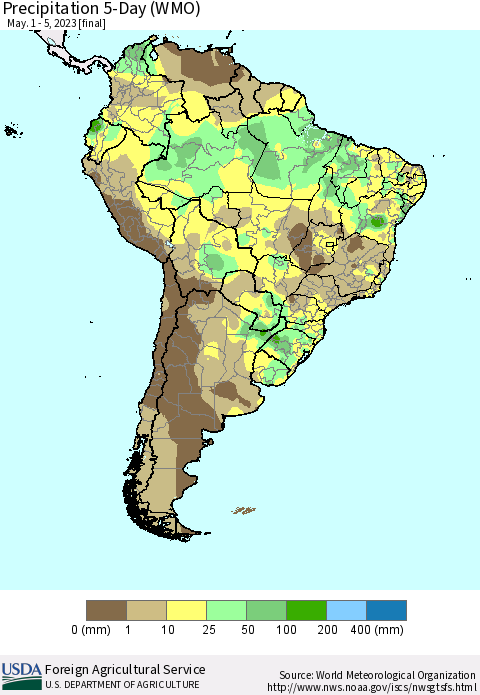 South America Precipitation 5-Day (WMO) Thematic Map For 5/1/2023 - 5/5/2023